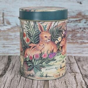 *VTG* Floral Bunny Tin Canister, Small Spring Rabbit Metal Canister